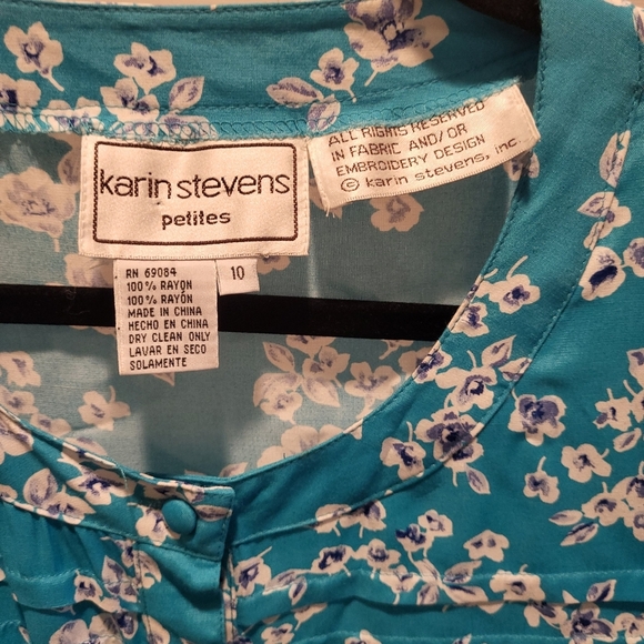 Vintage Karin Stevens Petites Blue/White Floral Pleated Dress with buttons Sz 10 - Picture 6 of 7